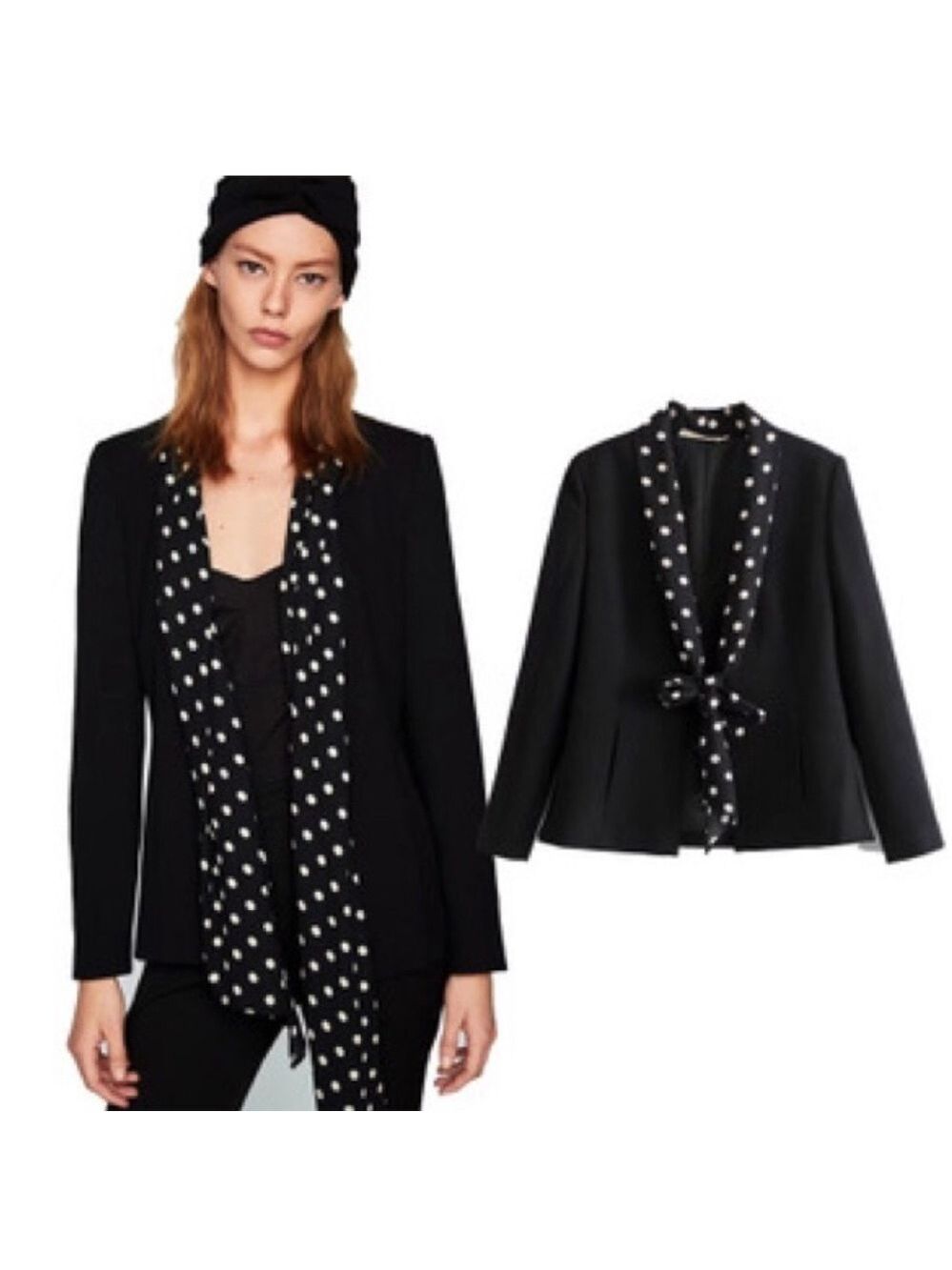 Zara Basic black blazer polka dot tie-neck scarf detail
L classy sophisticated
